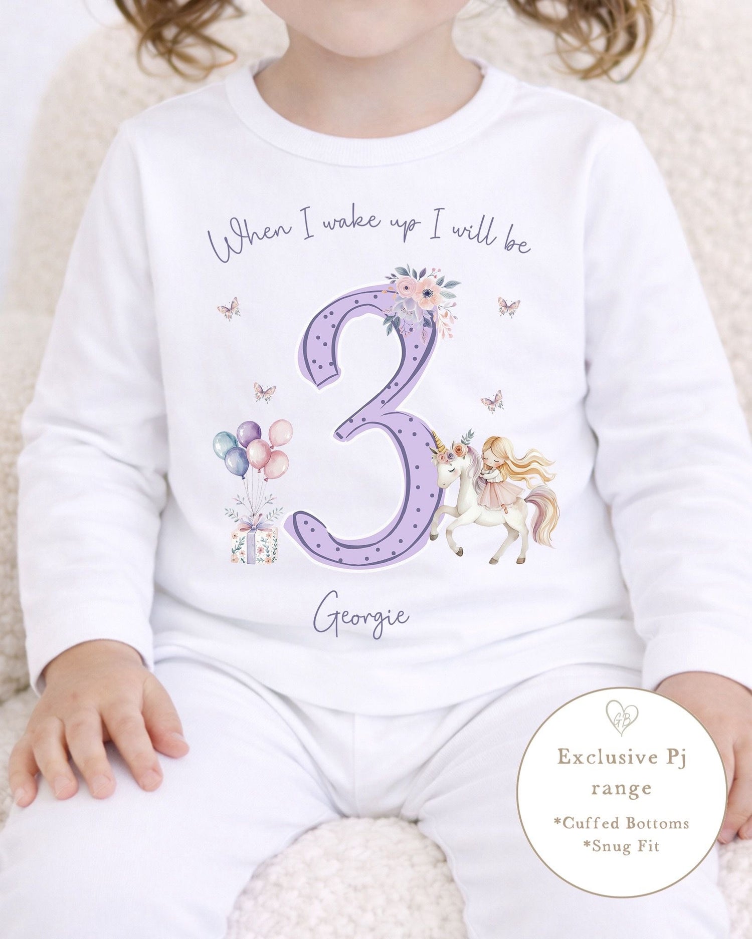 Personalised Plain White Birthday Pyjamas - Lilac Unicorn Design