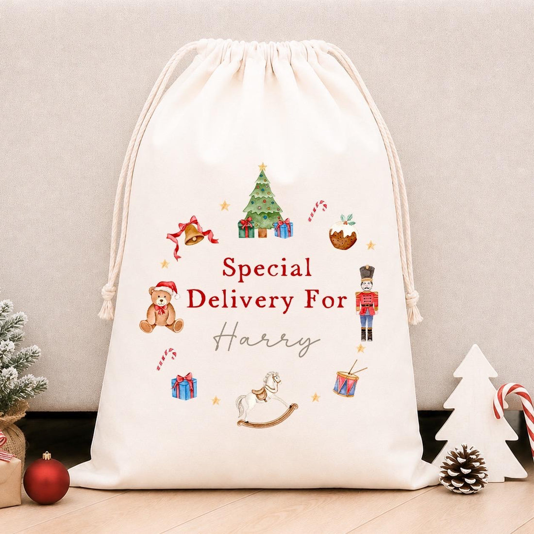 Luxury Personalised Premium Cotton Christmas Sack | Personalised Santa Sack | Red Nutcracker Wreath Design