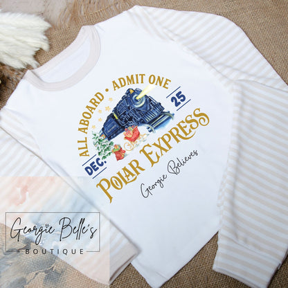 Stone Stripe Sibling Matching Christmas ‘Polar Express' Personalised Unisex Pyjamas