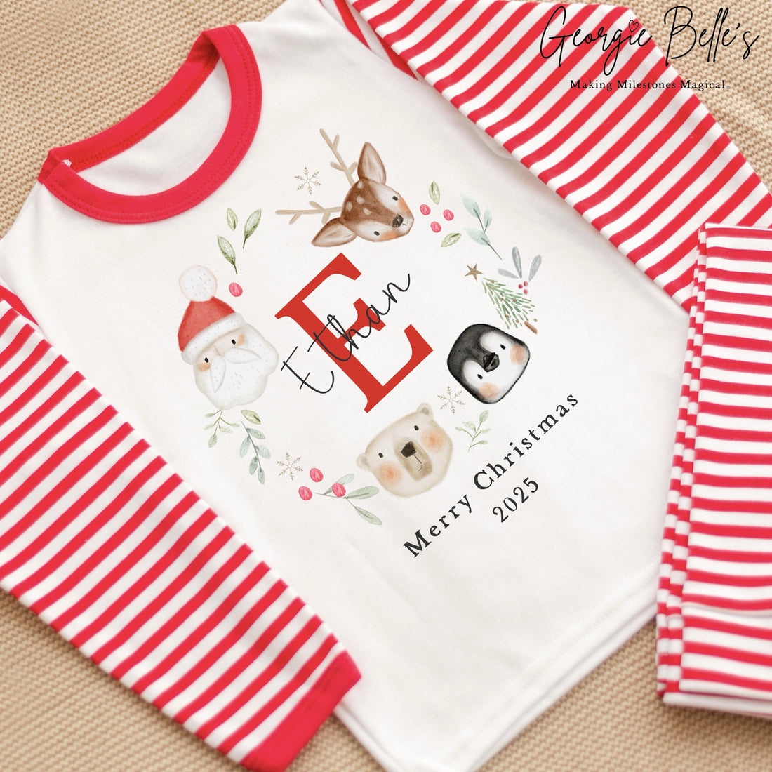 Personalised Red Stripe Christmas Pyjamas - Christmas Wreath Design