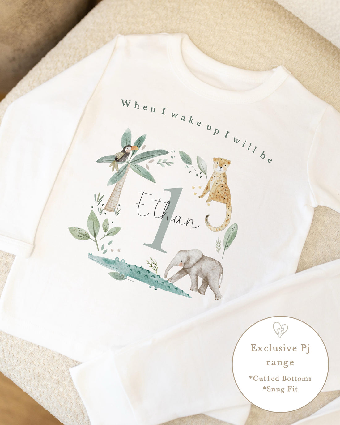 Plain White Personalised Birthday Pyjamas - Jungle Wreath Design