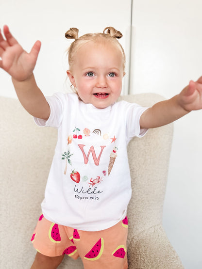 Personalised Holiday T-Shirt - Girls Initial Wreath Design