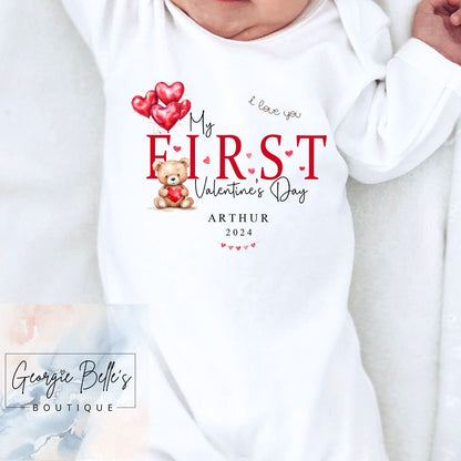 My 1st Valentines Day Vest / Babygrow - Red Bear Heart
