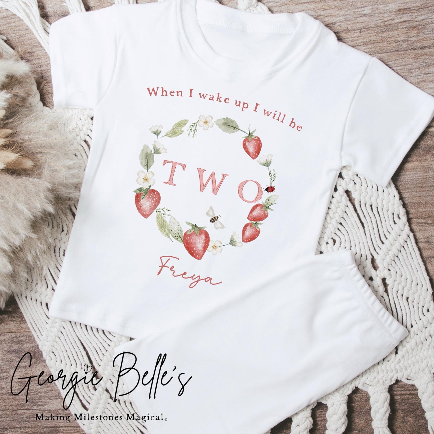 Personalised Short Set Birthday Pyjamas - Strawberry Wreath Design