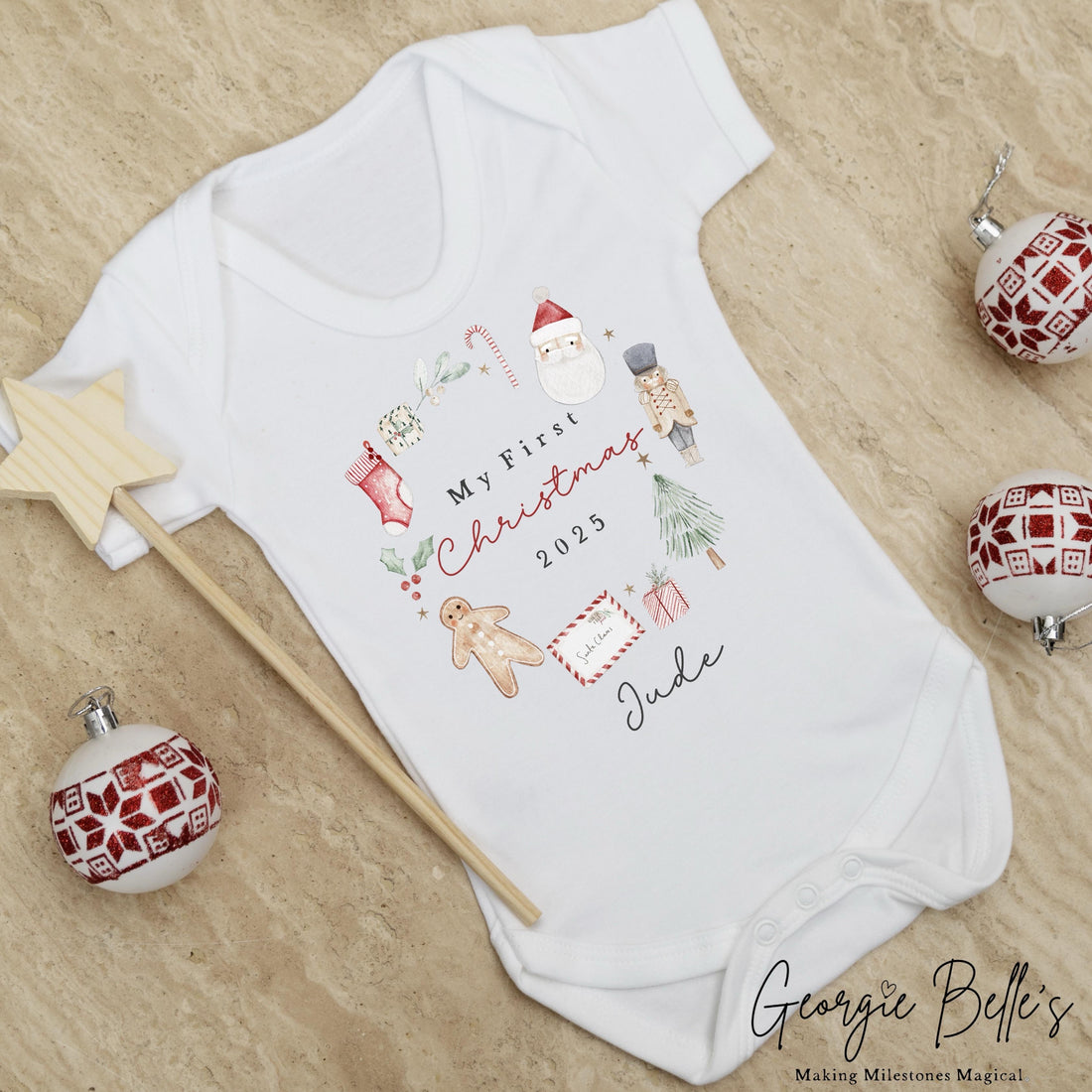 Personalised Christmas Sleepsuit / Bodysuit - First Christmas Wreath Design
