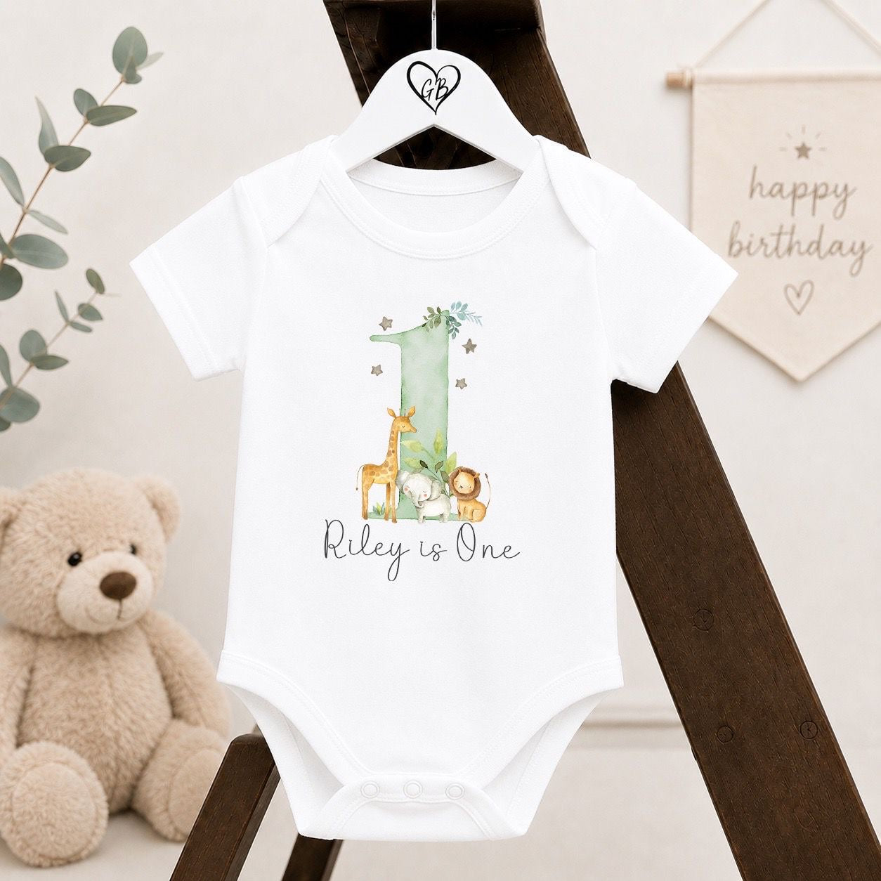 Personalised First Birthday Baby Vest | 1st Birthday Outfit - Sage Safari Design