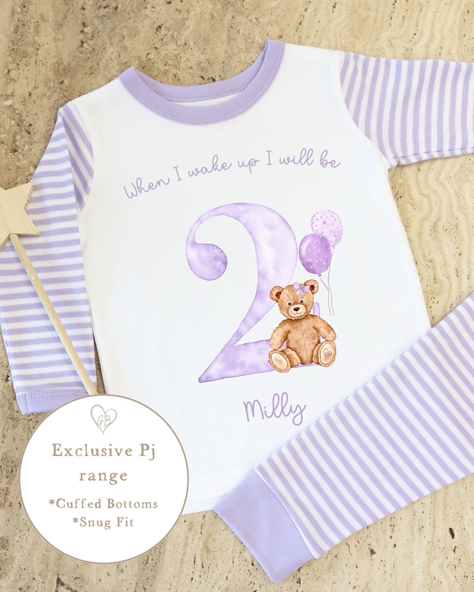 Lilac &amp; White Striped Personalised Birthday Pyjamas - Lilac Bear Design