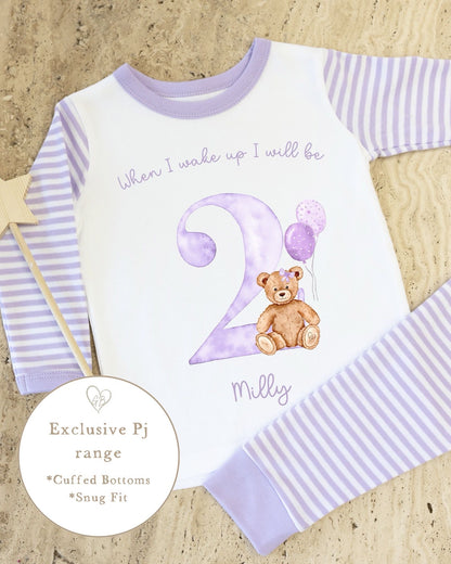 Lilac &amp; White Striped Personalised Birthday Pyjamas - Lilac Bear Design