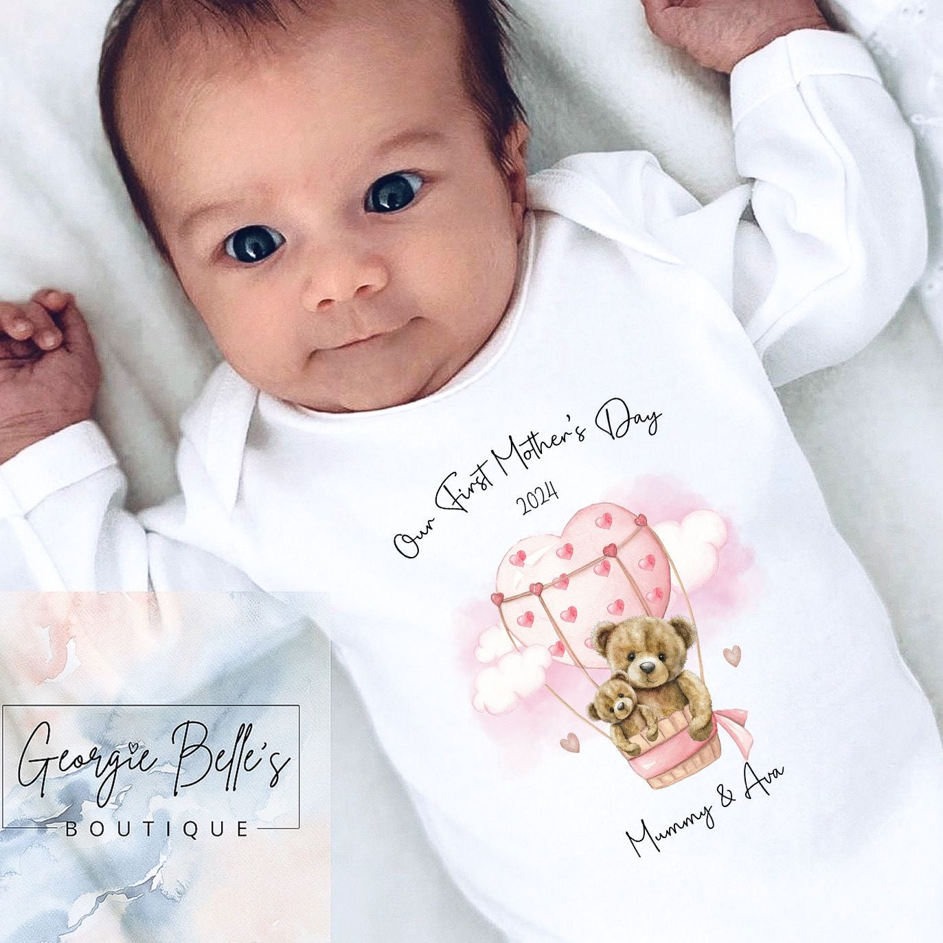 Our First Mothers Day Personalised Vest / Babygrow - Pink Hot Air Balloon Design
