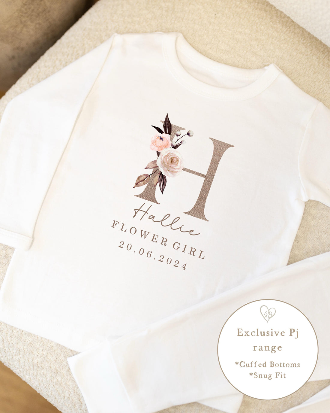 Personalised Flower Girl Pyjamas - Linen Initial Design