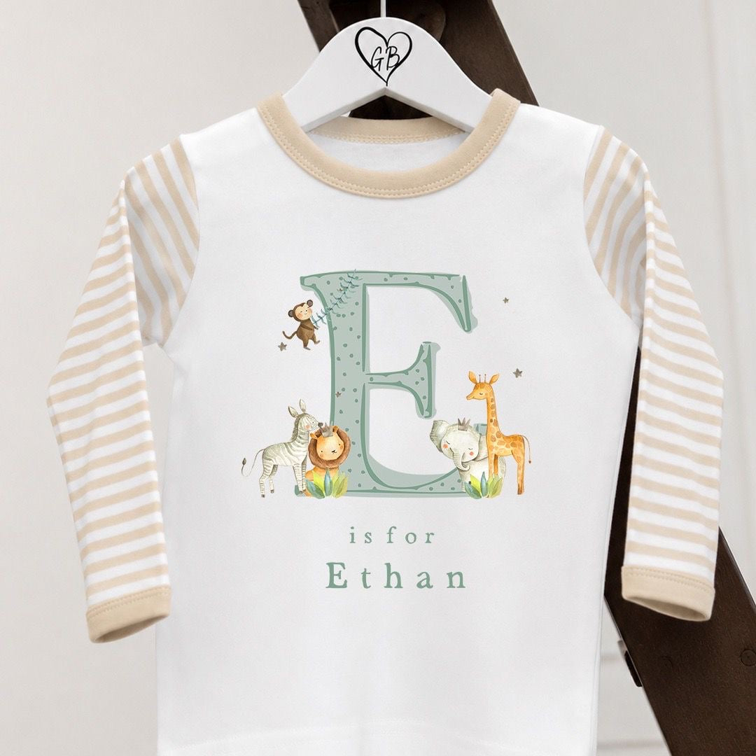 Personalised Gifting Pyjamas Beige Stripe - Safari Initial Design