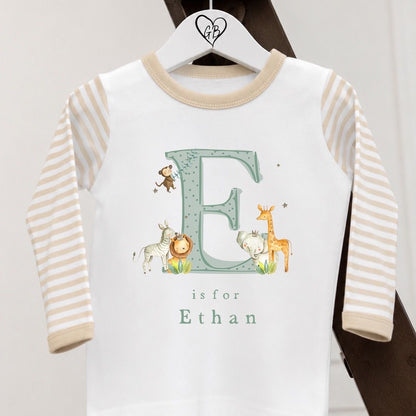 Personalised Gifting Pyjamas Beige Stripe - Safari Initial Design