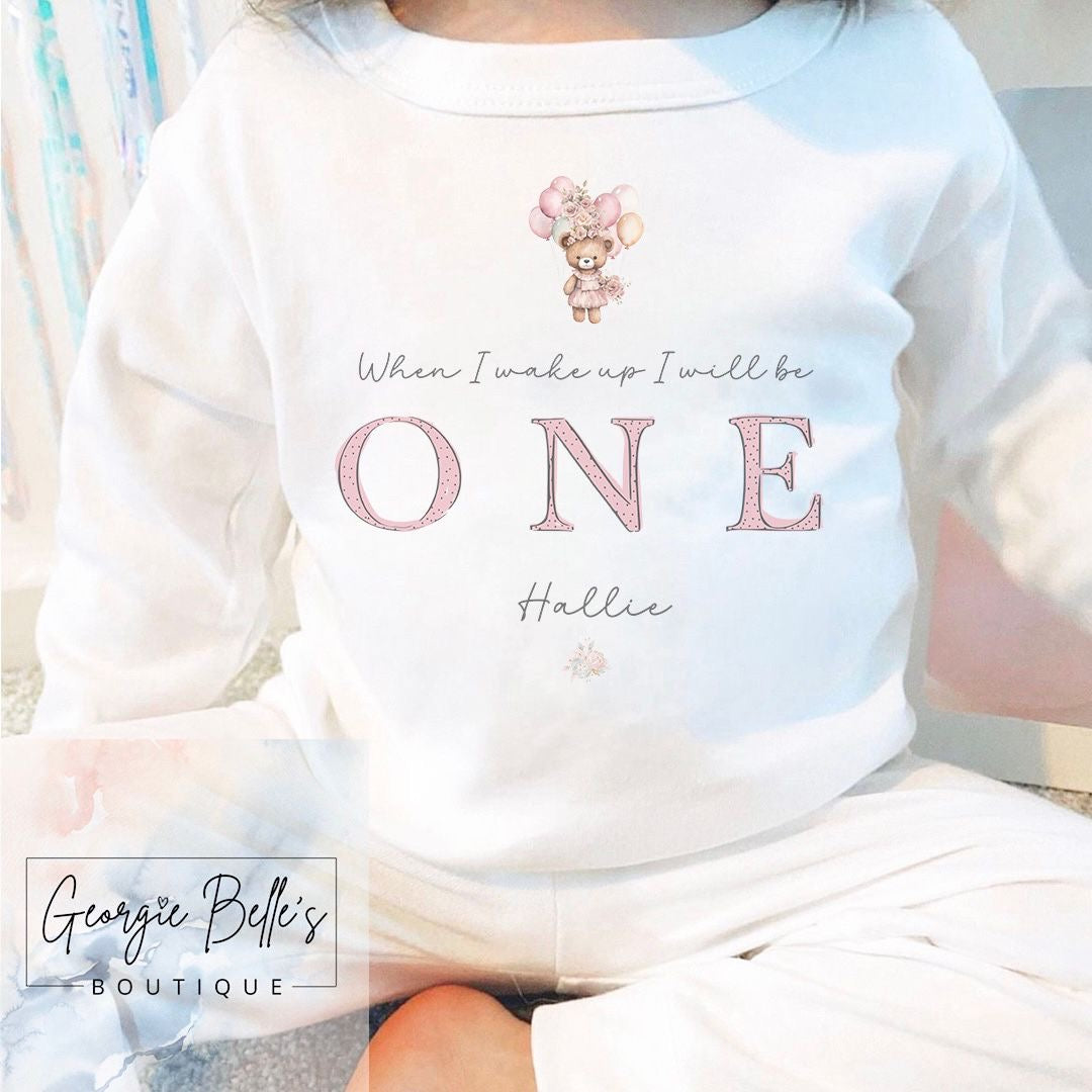 Personalised Birthday Pyjamas -  Pink Balloons Teddy Design