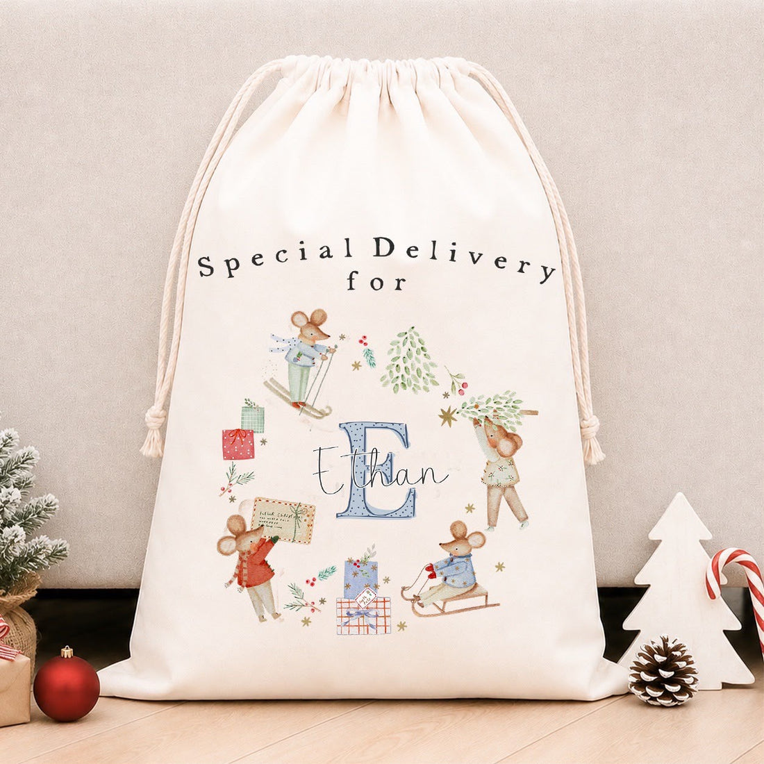 Luxury Personalised Premium Cotton Christmas Sack | Personalised Santa Sack | Blue Mice Wreath Initial Design
