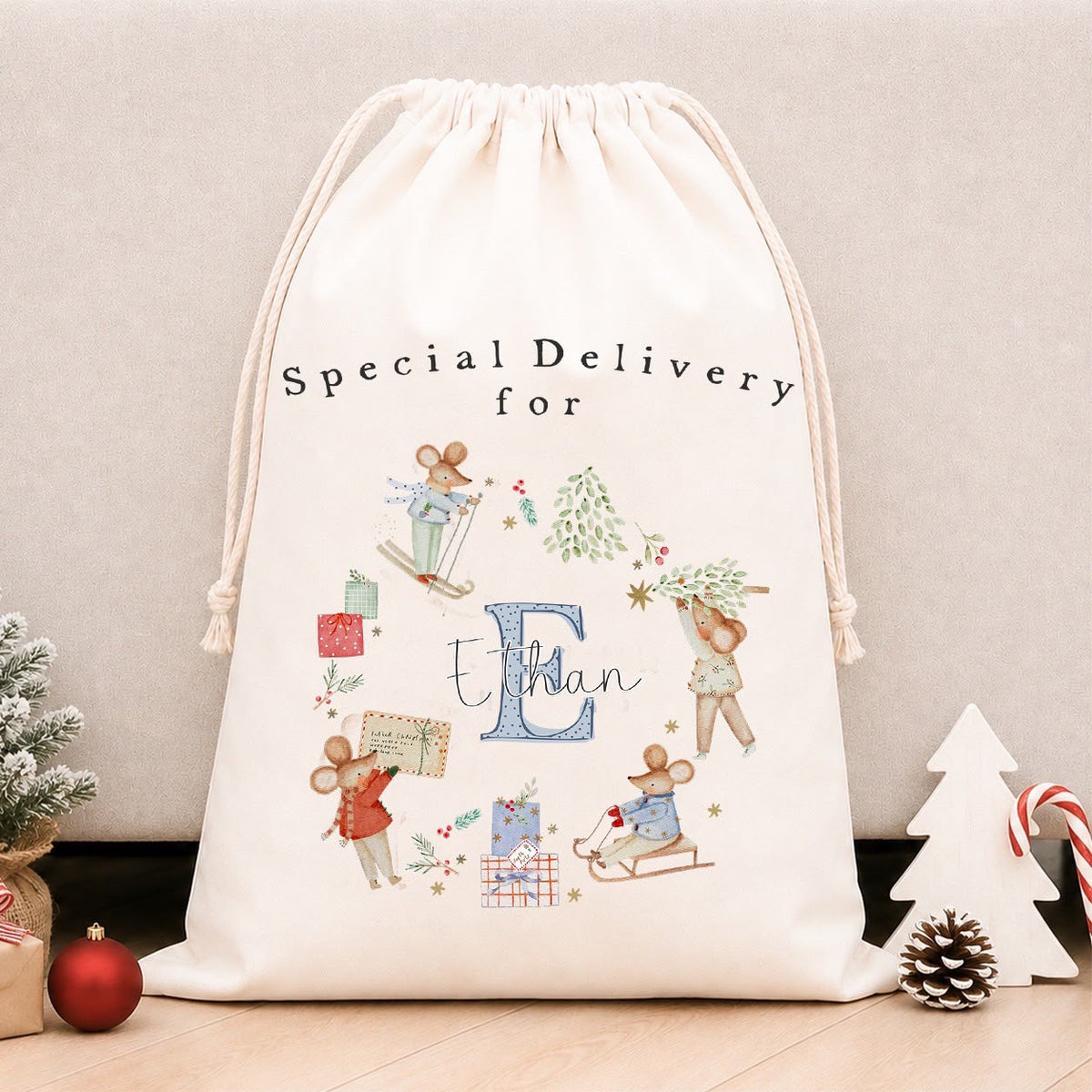 Luxury Personalised Premium Cotton Christmas Sack | Personalised Santa Sack | Blue Mice Wreath Initial Design