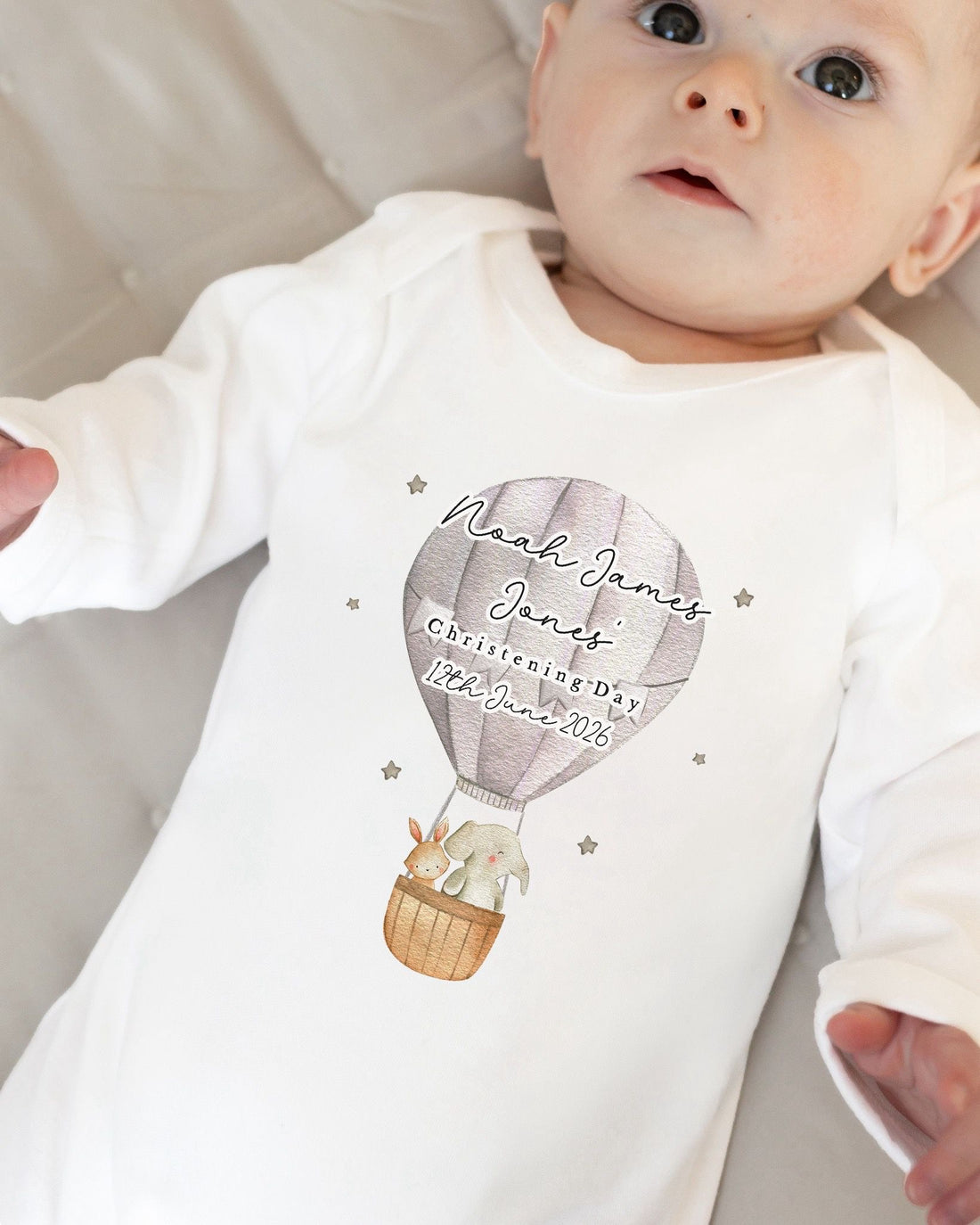 Personalised Christening Babygrow - Grey Hot Air Balloon Design