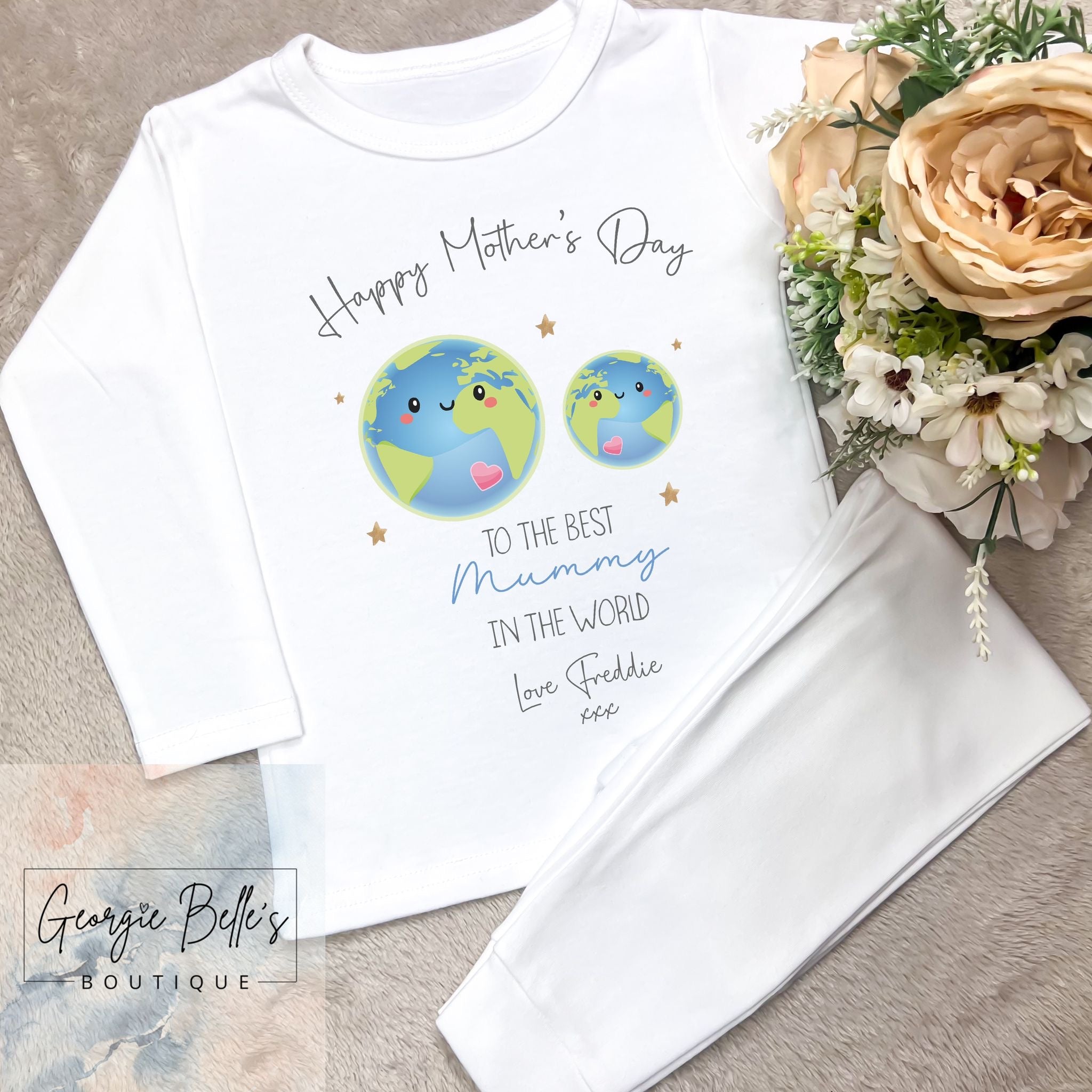 Personalised Sibling Matching Mothers Day Pyjamas - Blue World Design