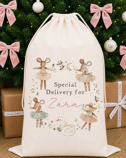 Luxury Personalised Premium Cotton Christmas Sack | Personalised Santa Sack | Pink Mice Wreath Design