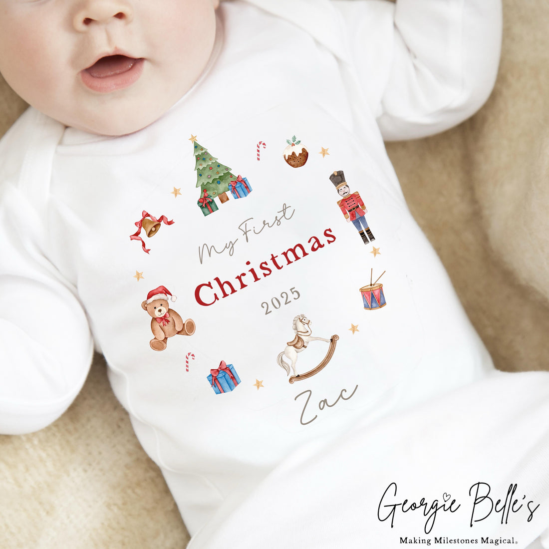 Personalised Christmas Sleepsuit / Bodysuit - First Christmas Red Nutcracker Wreath Design