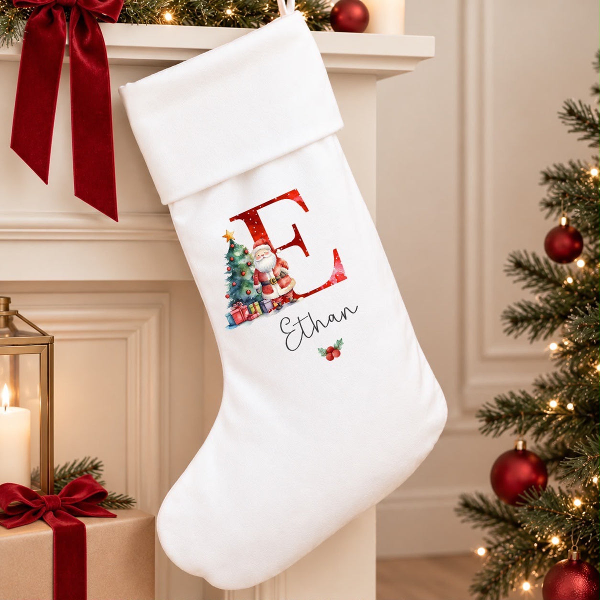 Personalised White Christmas Stocking | Santa Initial Design