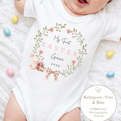 Personalised My First Easter Babygrow / Vest - Pink Classic Wreath Design