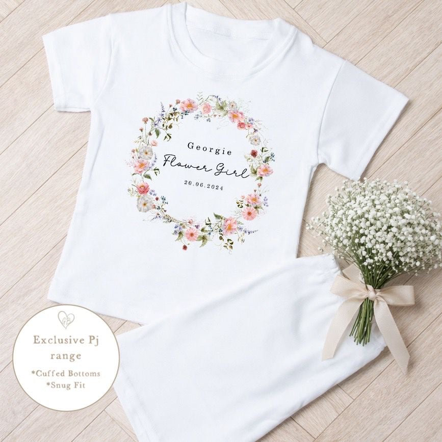 Personalised Flower Girl Short Set Pyjamas - Wildflower Wreath Design