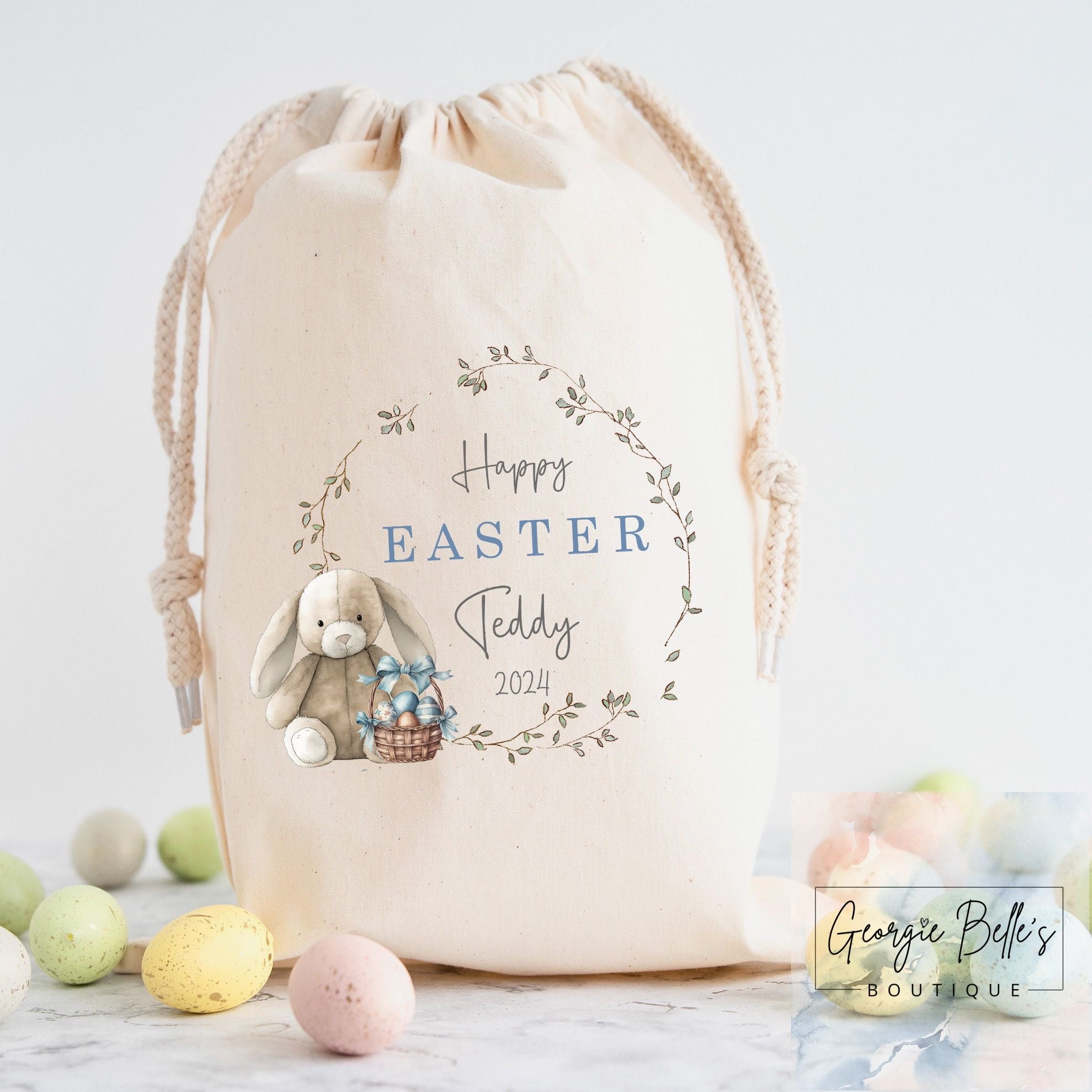 Personalised Easter Treat Sack - Blue Bunny Wreath Design