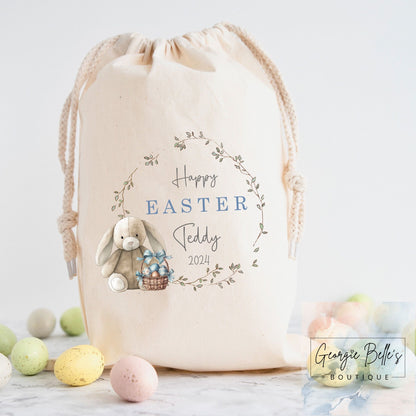 Personalised Easter Treat Sack - Blue Bunny Wreath Design