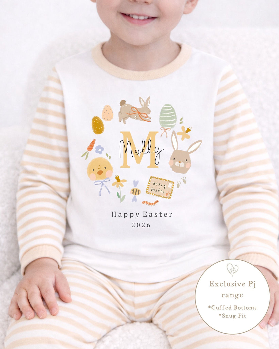 Personalised Beige Stripe Easter Pyjamas - Easter Wreath Design