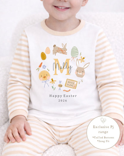 Personalised Beige Stripe Easter Pyjamas - Easter Wreath Design