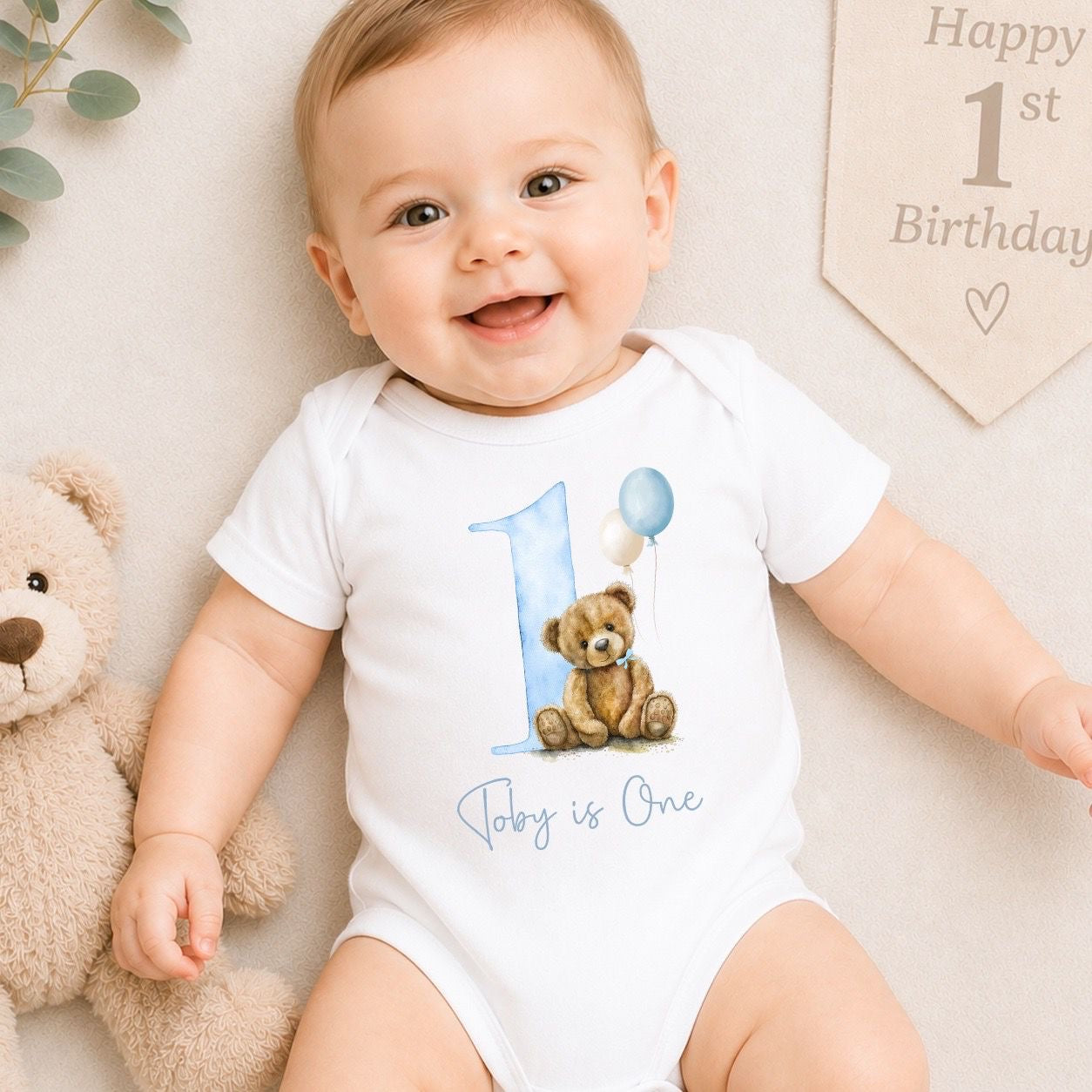 Personalised First Birthday Baby Vest | 1st Birthday Outfit - Blue Bear Design