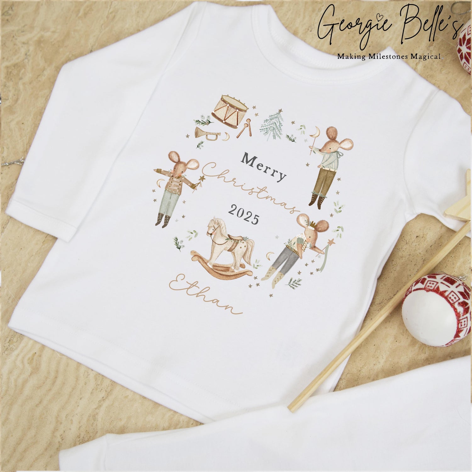 Personalised Plain White Christmas Pyjamas - Nude Mouse Wreath Design