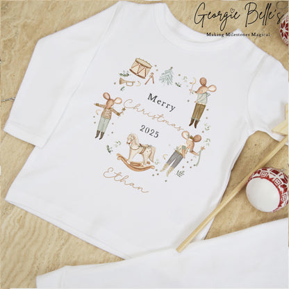 Personalised Plain White Christmas Pyjamas - Nude Mouse Wreath Design