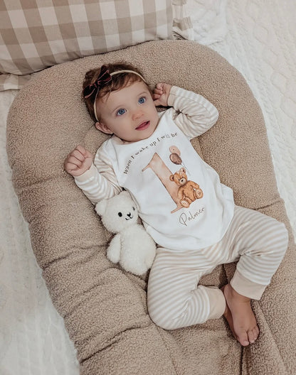 Beige &amp; White Striped Personalised Birthday Pyjamas - Nude Girl Bear Design