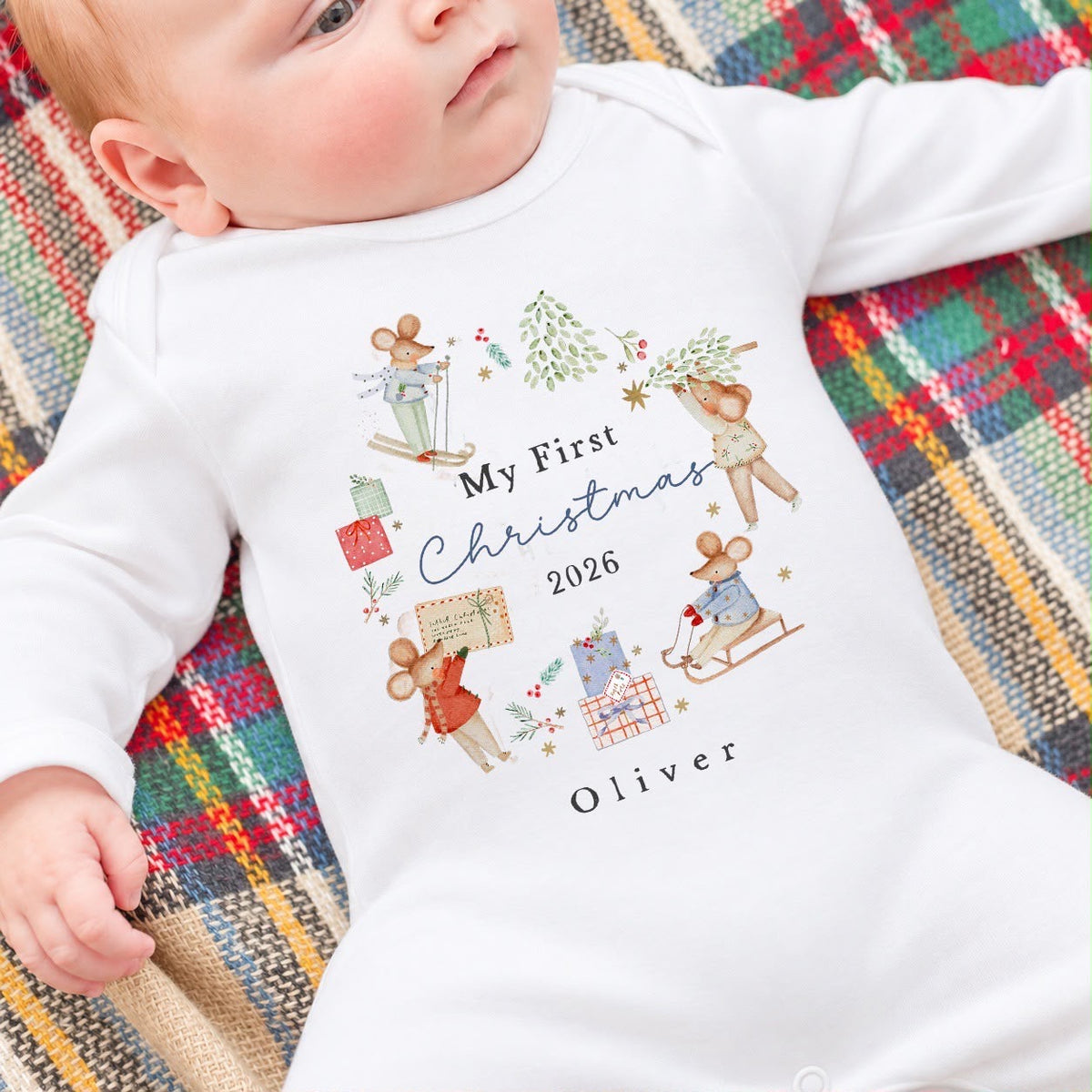 Personalised My First Christmas Babygrow | 100% Cotton | Blue Xmas Mice Wreath Design