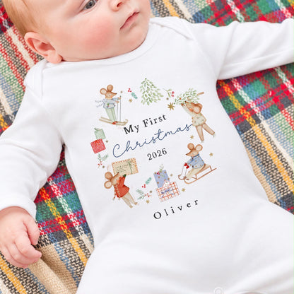 Personalised My First Christmas Babygrow | 100% Cotton | Blue Xmas Mice Wreath Design