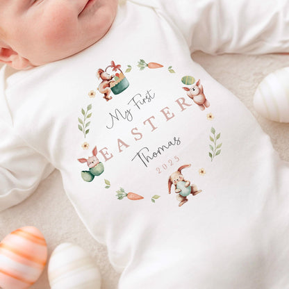 Personalised Easter Baby Vest / Babygrow - First Easter Nude Bunny Wreath Design