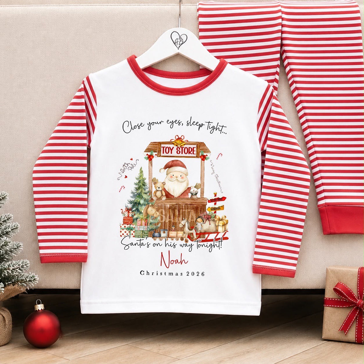 Personalised Christmas Pyjamas for Kids | 100% Cotton Red Stripe | Close Your Eyes Toy Store Design