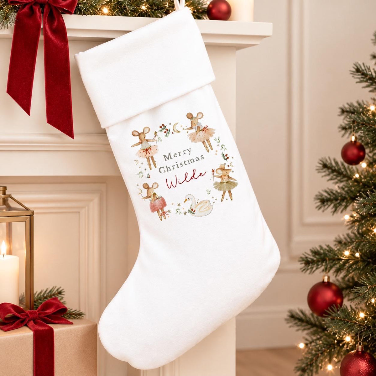 Personalised White Christmas Stocking | Red Girl Mice Design
