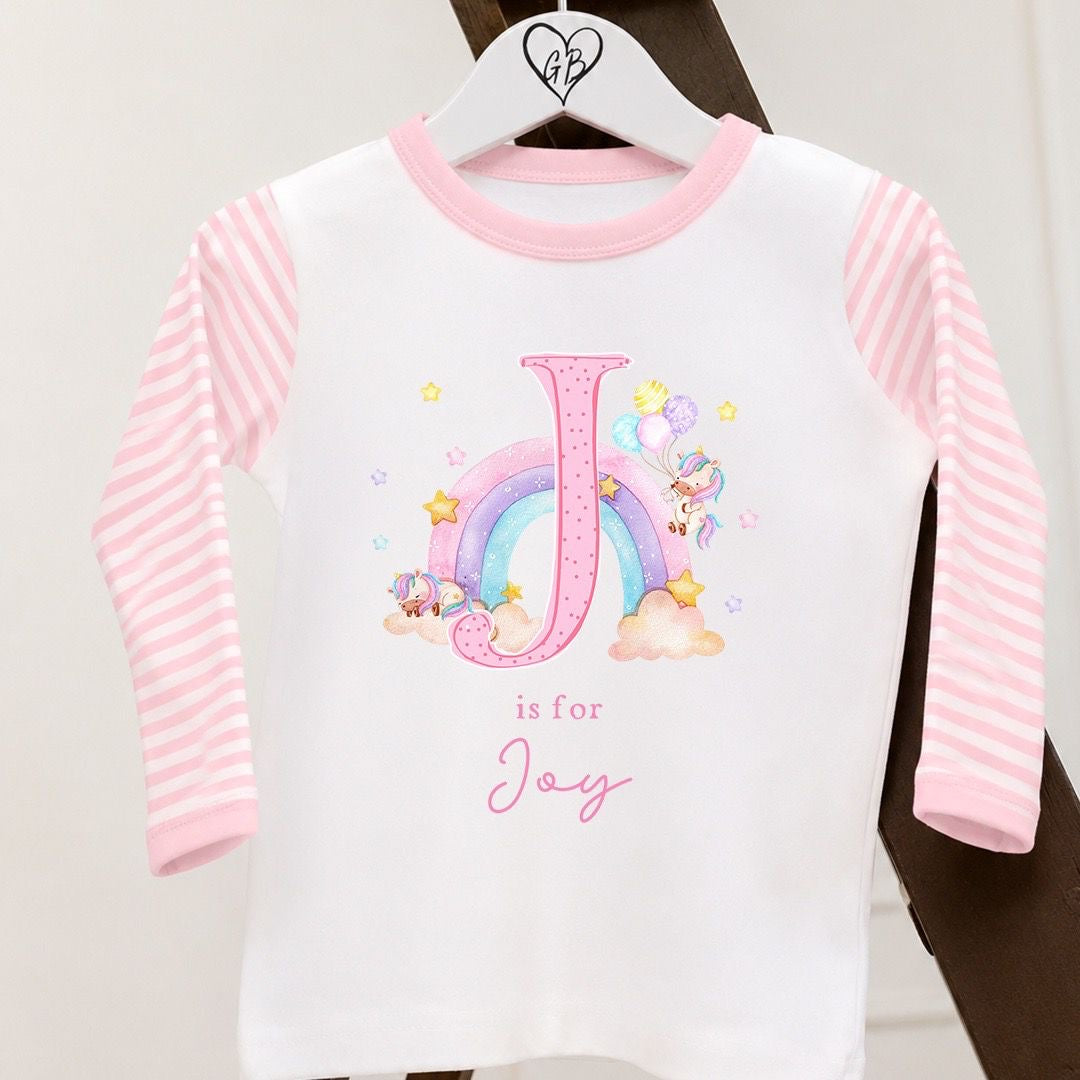 Personalised Girls Gifting Pyjamas Pink Stripe - Pastel Unicorn Initial Design