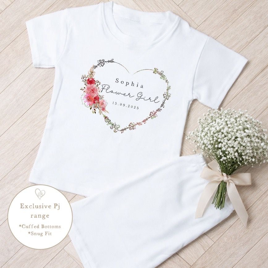Personalised Flower Girl Short Set Pyjamas - Heart Wreath Design