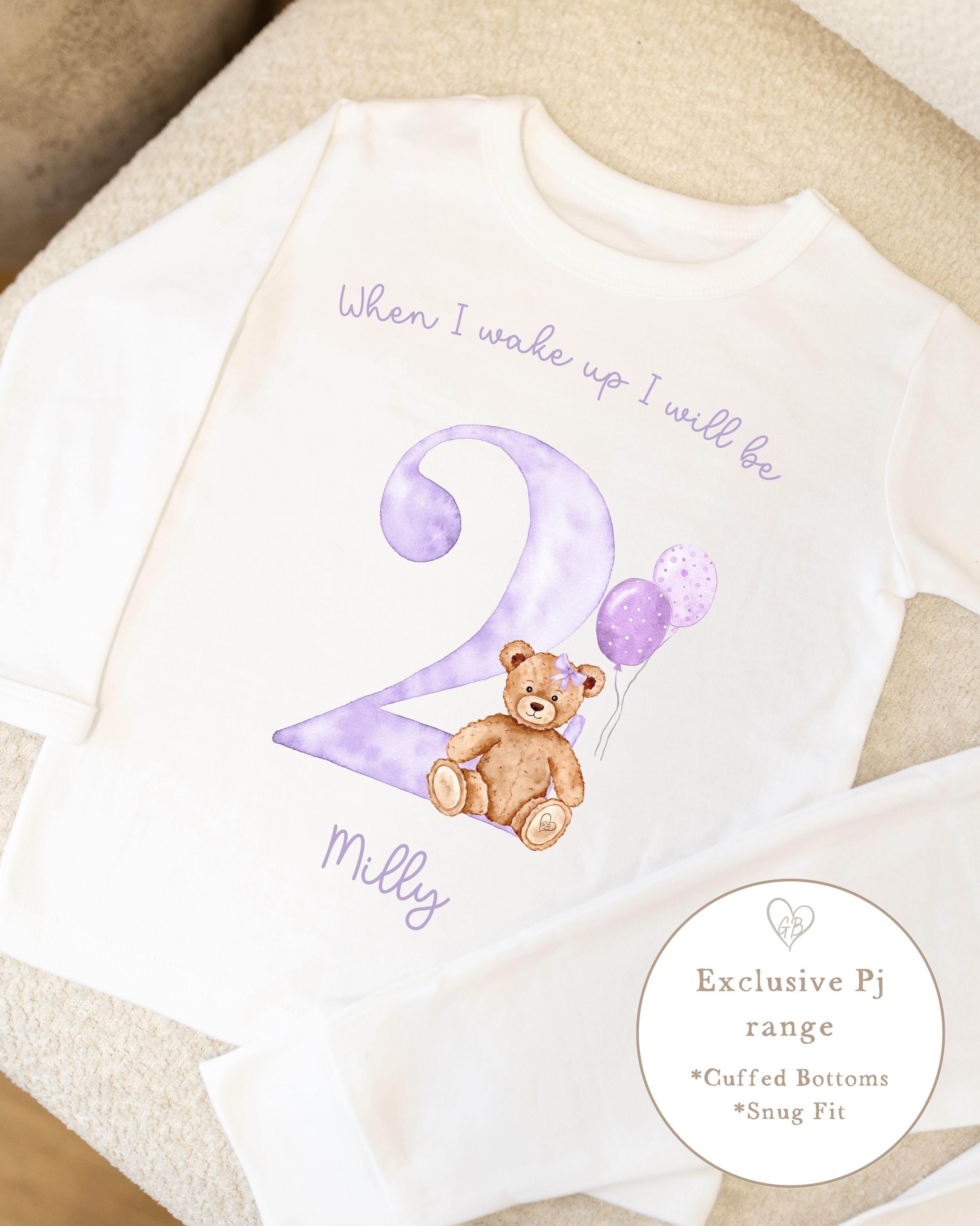 Plain White Personalised Birthday Pyjamas - Lilac Bear Design