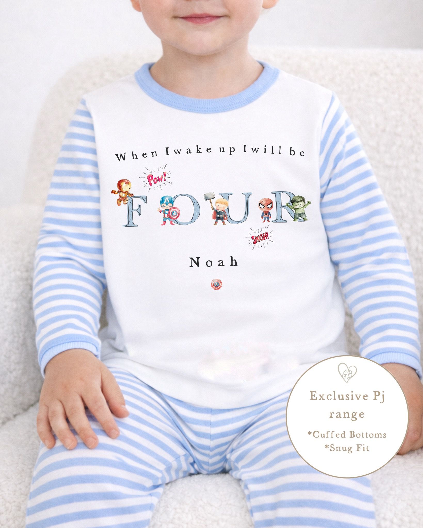 Personalised Blue Stripe Birthday Pyjamas - Superhero Word Design