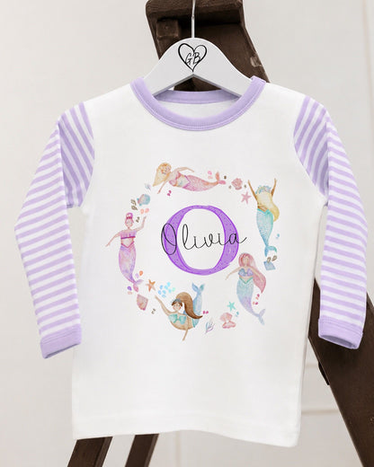 Personalised Girls Gifting Pyjamas Lilac Stripe - Mermaid Wreath Initial Design