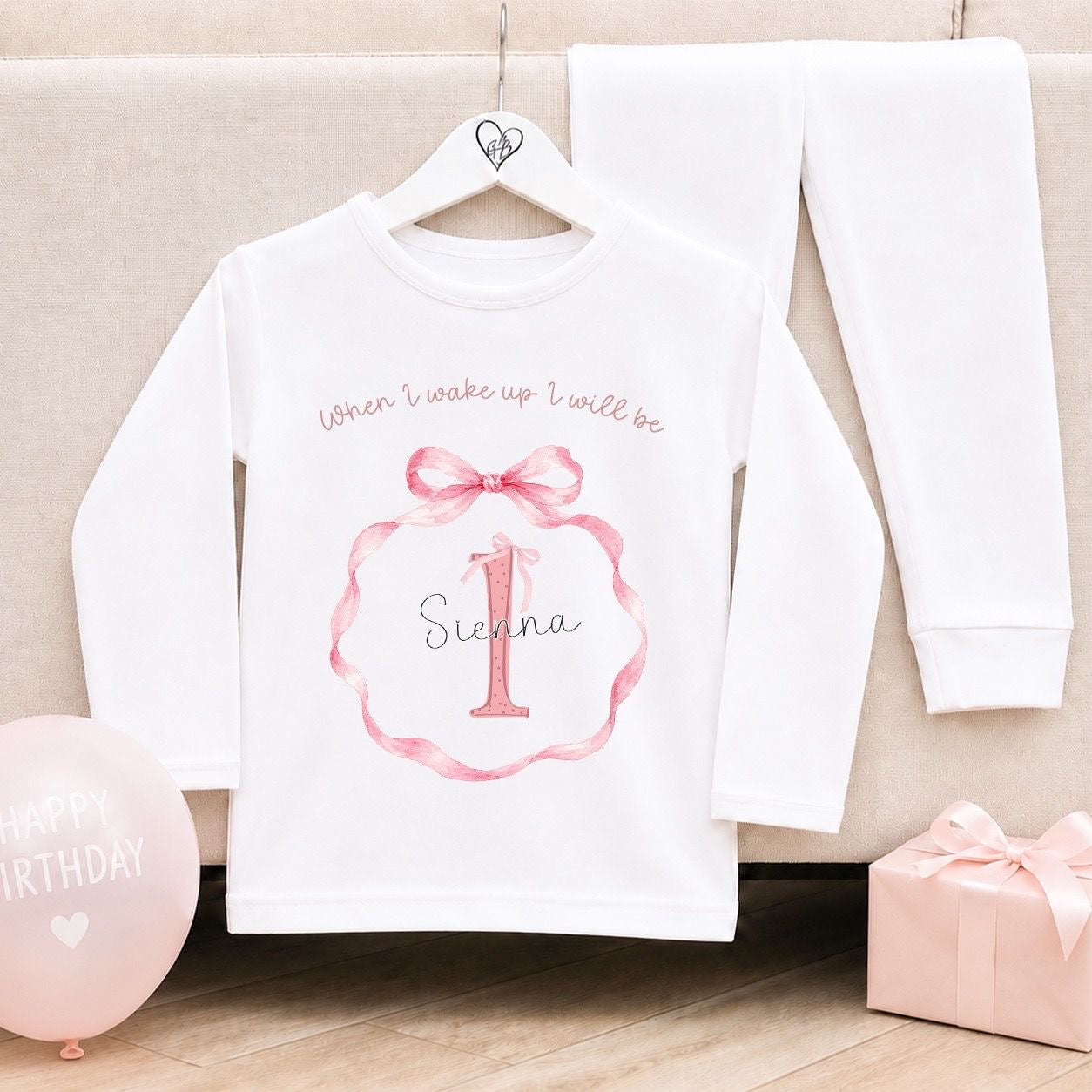 Personalised Plain White Birthday Pyjamas - Bow Wreath Design