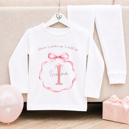 Personalised Plain White Birthday Pyjamas - Bow Wreath Design