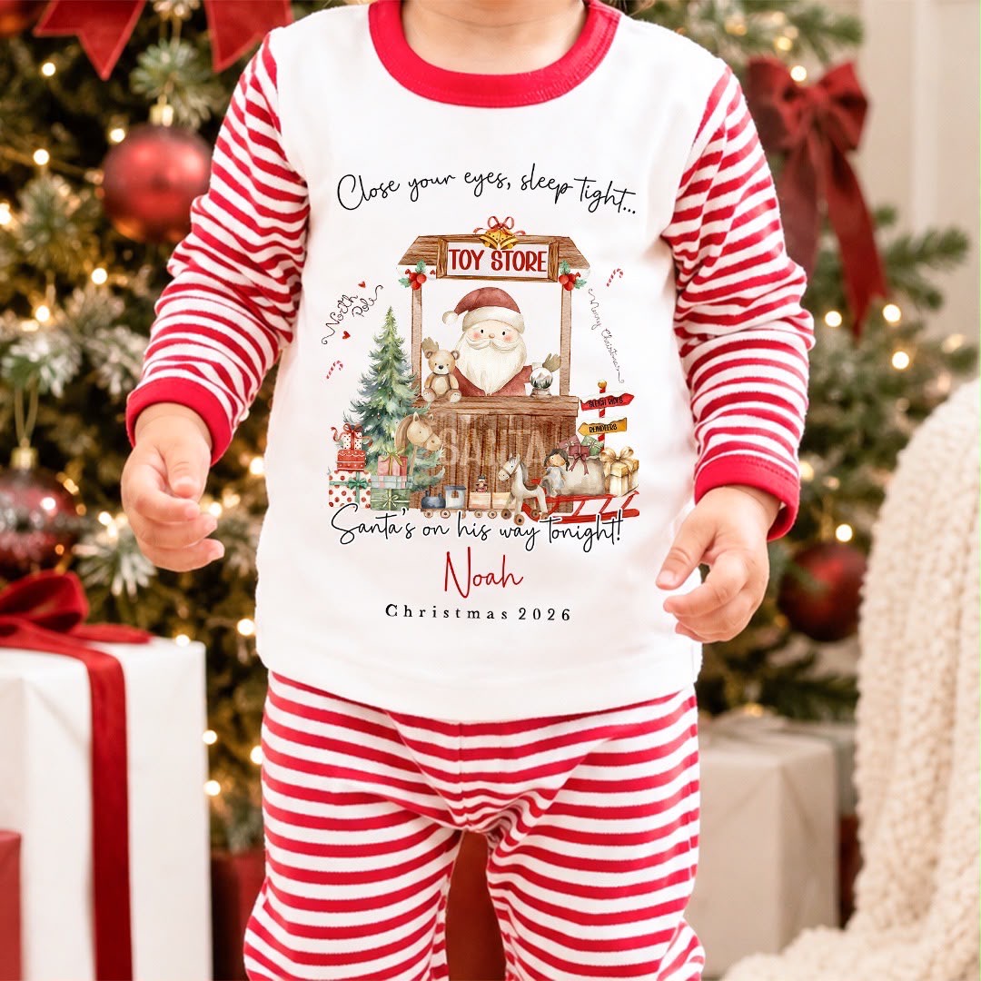 Personalised Christmas Pyjamas for Kids | 100% Cotton Red Stripe | Close Your Eyes Toy Store Design