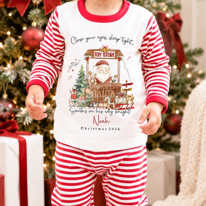 Personalised Christmas Pyjamas for Kids | 100% Cotton Red Stripe | Close Your Eyes Toy Store Design