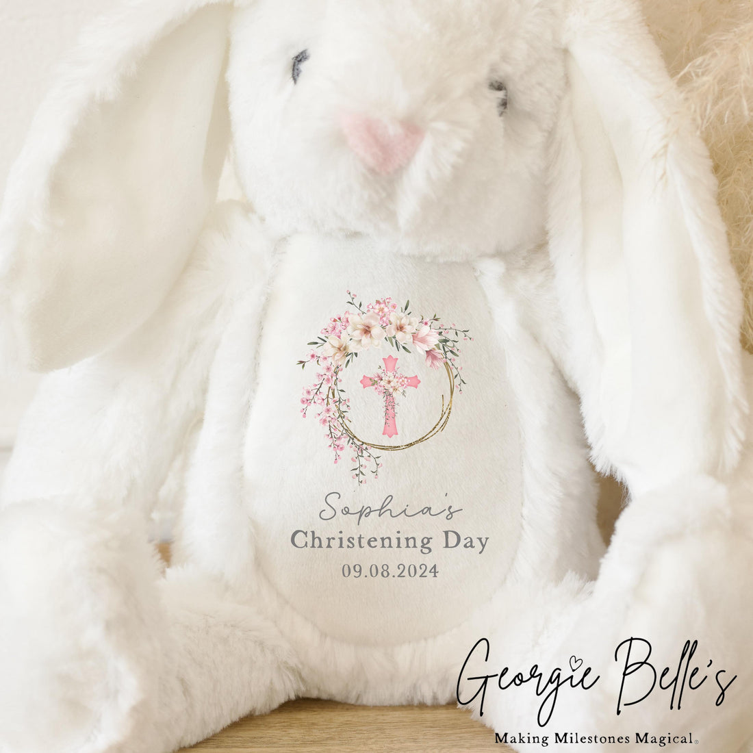Personalised Christening White Bunny - Pink Floral Design