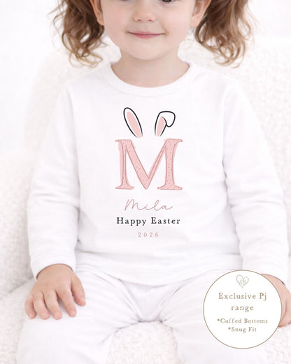 Personalised Plain White Easter Pyjamas - Pink Bunny Ear Initial Design